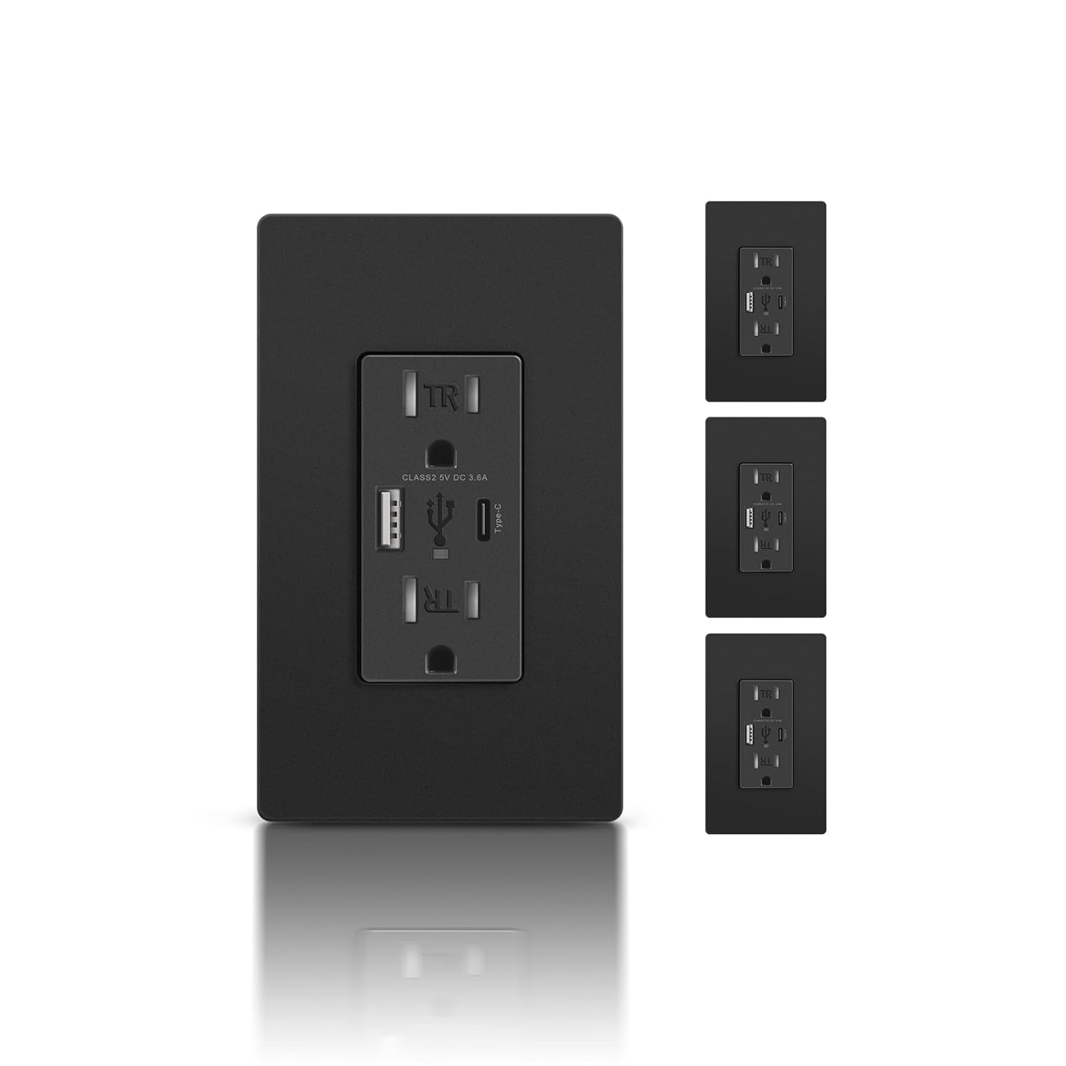 Black USB Wall Outlet with Type C/A Ports for Fast Charging