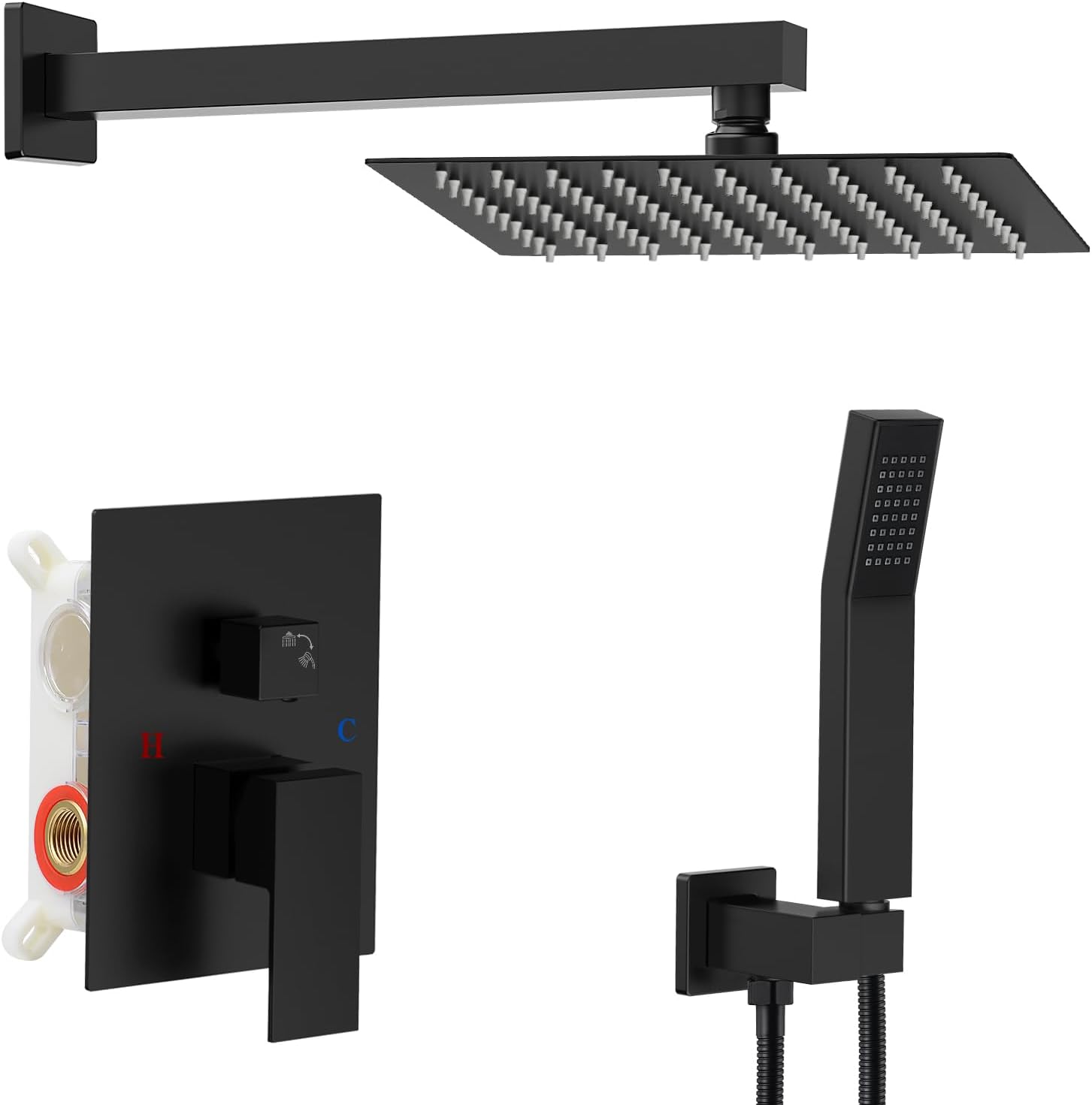HGN Matte Black Shower Faucets Set with 10 Inch Rain Shower Head