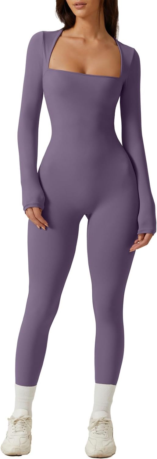 QINSEN Womens Sexy Square Neck Long Sleeve Jumpsuit for Style