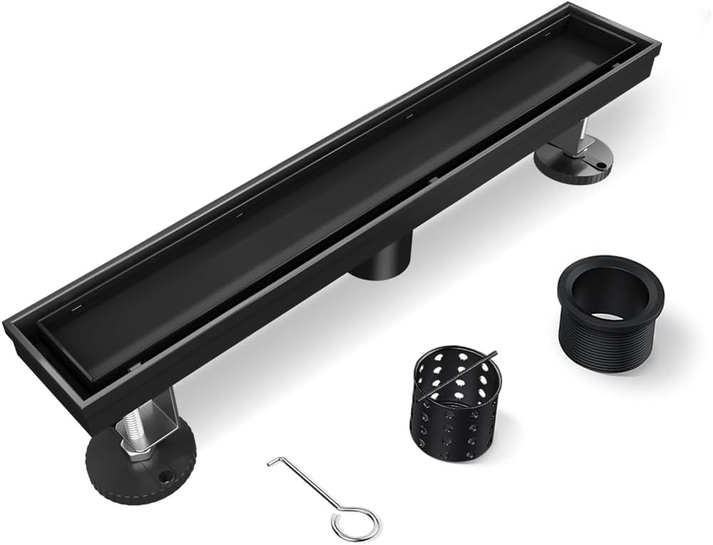 12 Inch Black Linear Shower Drain with Removable Tile Insert Grate