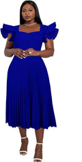 Light Purple Womens Square Collar Ruffled Sleeve Pleated Midi Dress