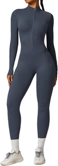 Women Long Sleeve Bodycon Jumpsuit One Piece - Sleek Zip Up Fit