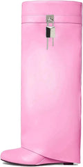 Yishaweiqi Fold Over Wide-calf Wedge Knee High Boots - Stylish Lock 7