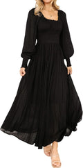 R.Vivimos Puff Long Sleeve Maxi Dress Square Neck - Flowy A-Line