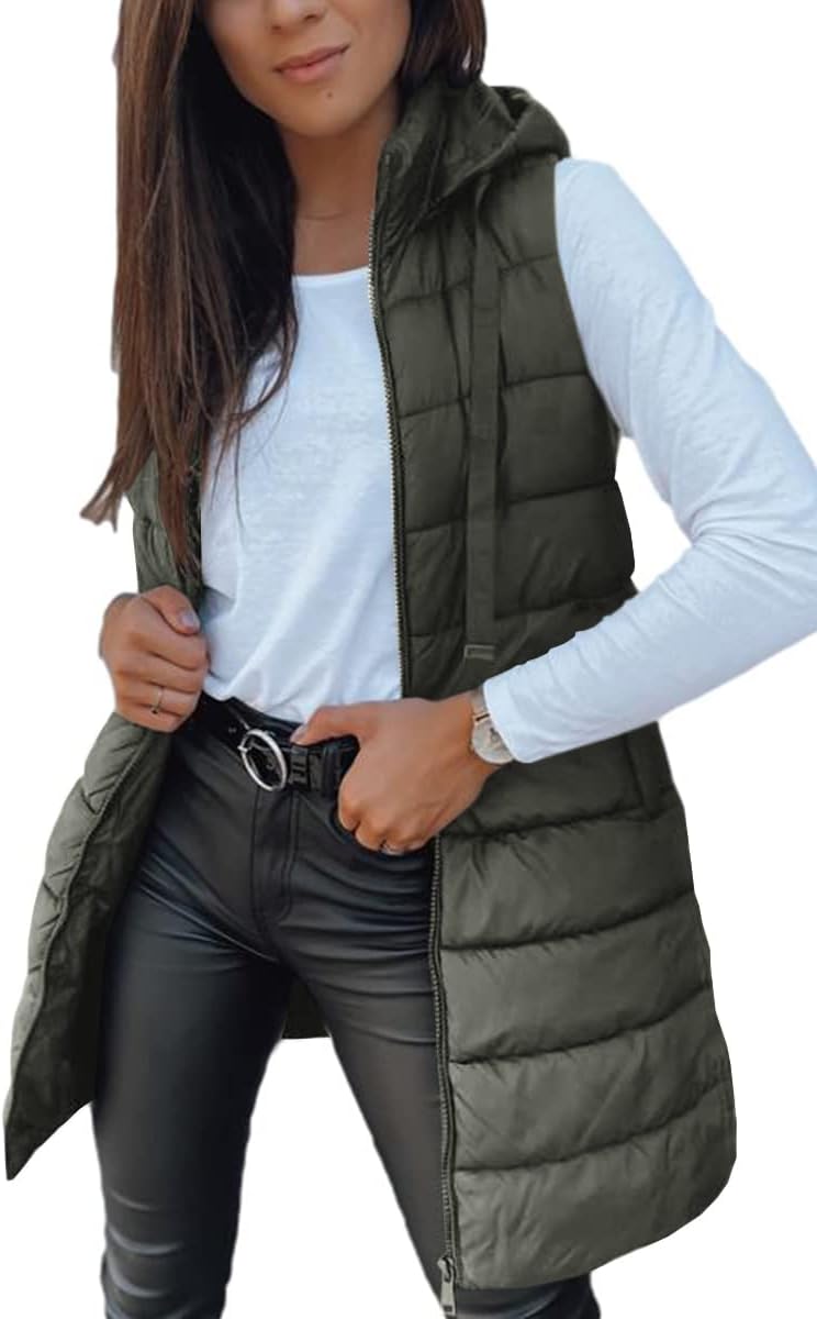 Stylish Women Long Vest - Sleeveless Hooded Puffer Outwear