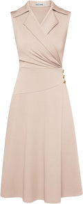 Notch Lapel Ruched Wrap V Neck A-Line Midi Dress - Office to Event