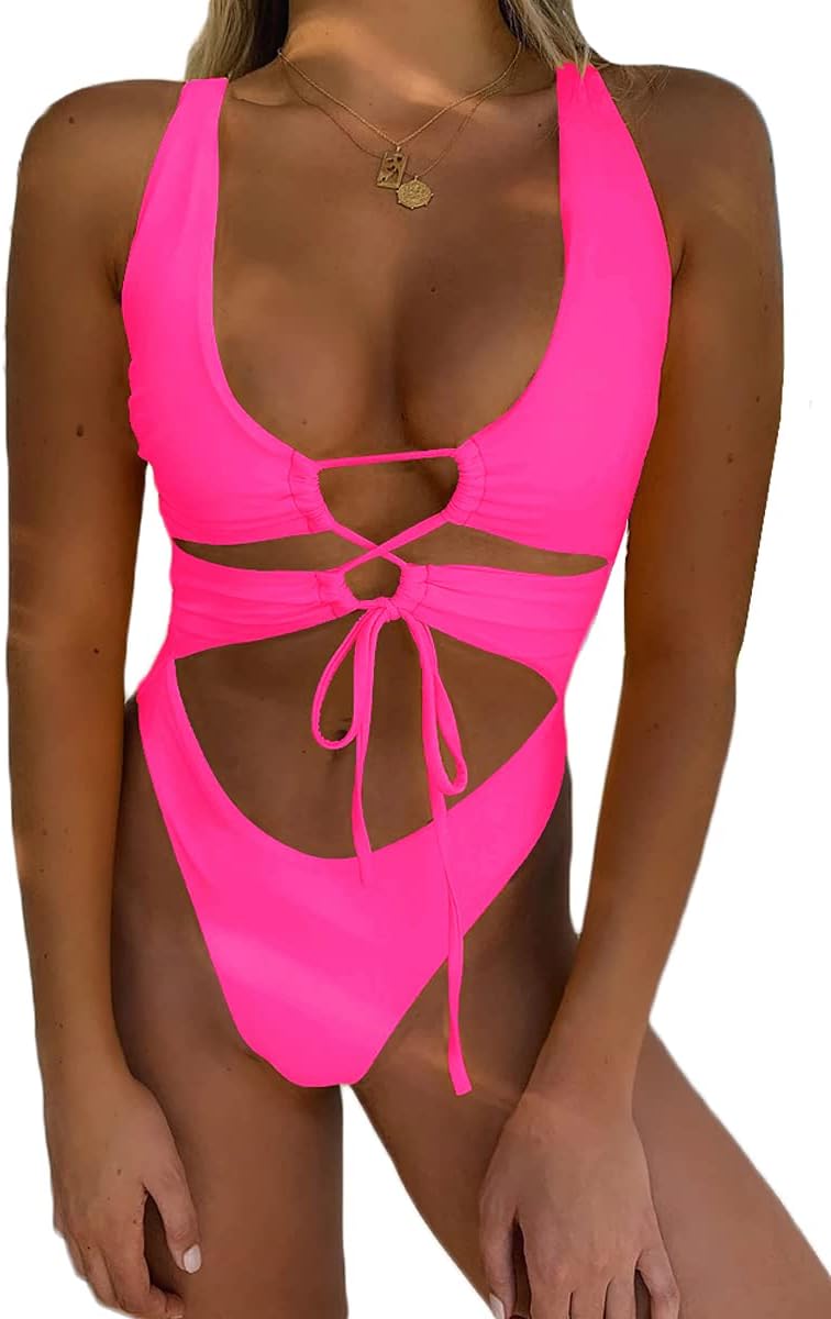 CHYRII Women's Sexy Cutout Lace Up Backless Monokini Swimsuit