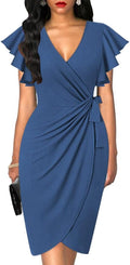 oten Womens Deep V Neck Ruffle Sleeve Sheath Dress (Style 6R1N)