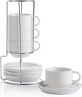 Porcelain Espresso Cups with Saucers Set of 4 - Stackable Space Saver