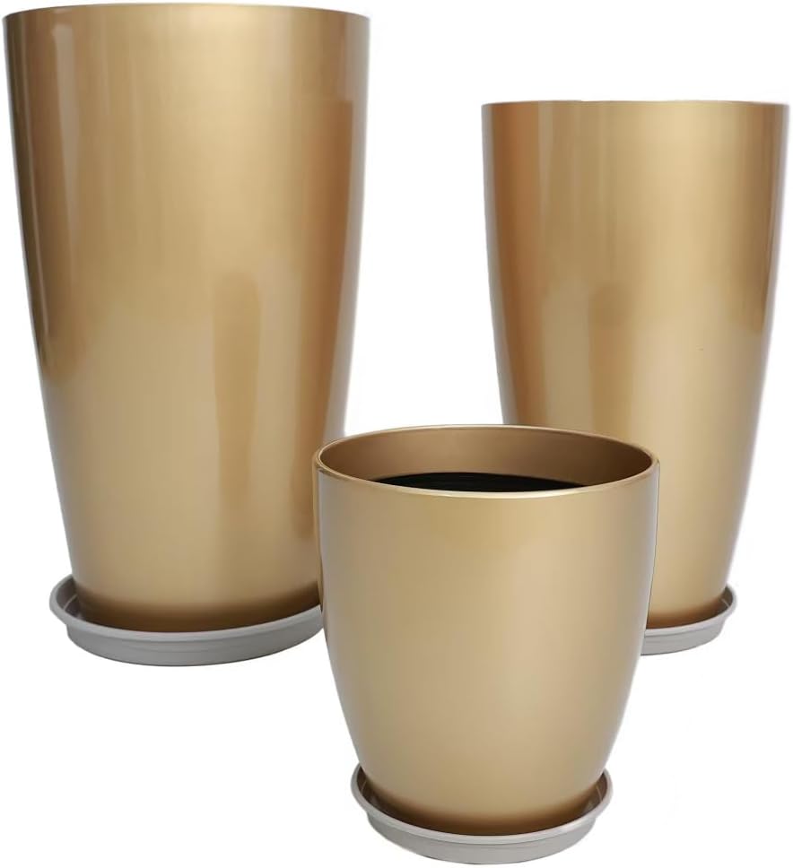 Large Plastic Planters Set of 3 with Drainage Hole and Saucer