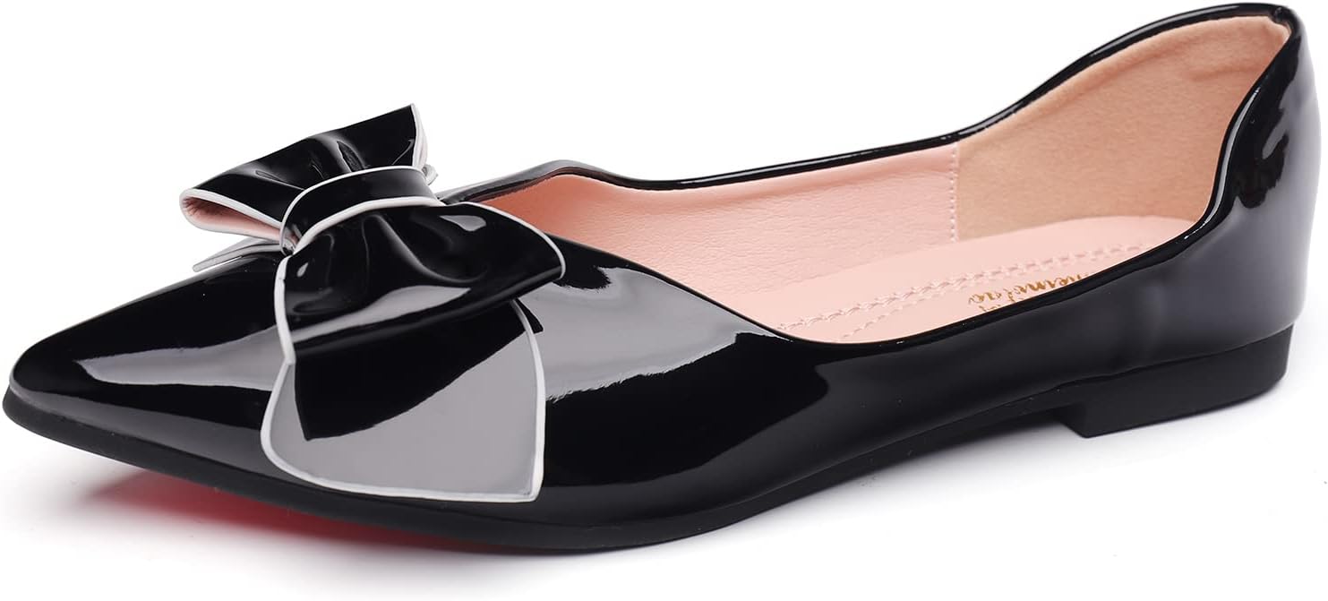 Comfortable Leather Pointed Toe Flats for Women with Bow Design