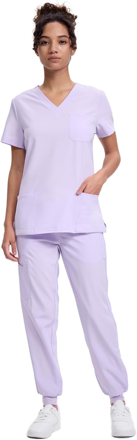 Women's V-Neck Scrubs Top & Cargo Pants Set with 10 Pockets