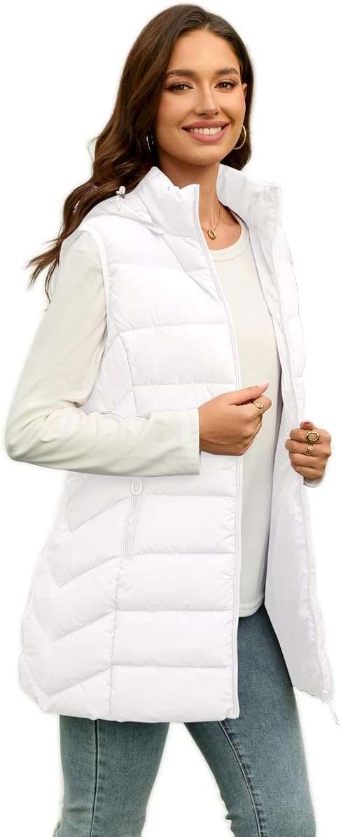 Long Puffer Vest for Women with Hood - Lightweight & Packable