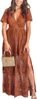 Eleter Deep V-Neck Lace Romper Long Dress - Flowy Boho Elegance