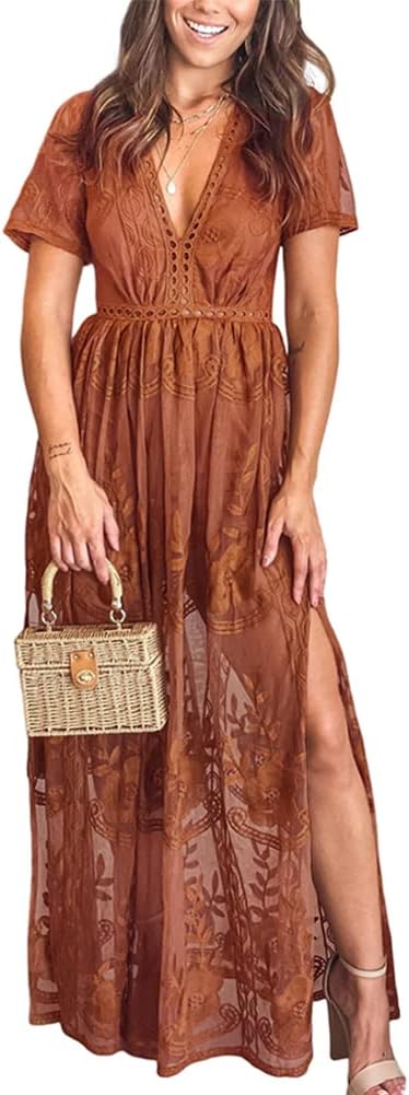 Eleter Women's Deep V-Neck Lace Romper Short Sleeve Dress