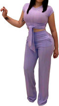 EDITCOZY Women 2 Piece Outfits Tie Front Crop Top & Wide Leg Pants Set