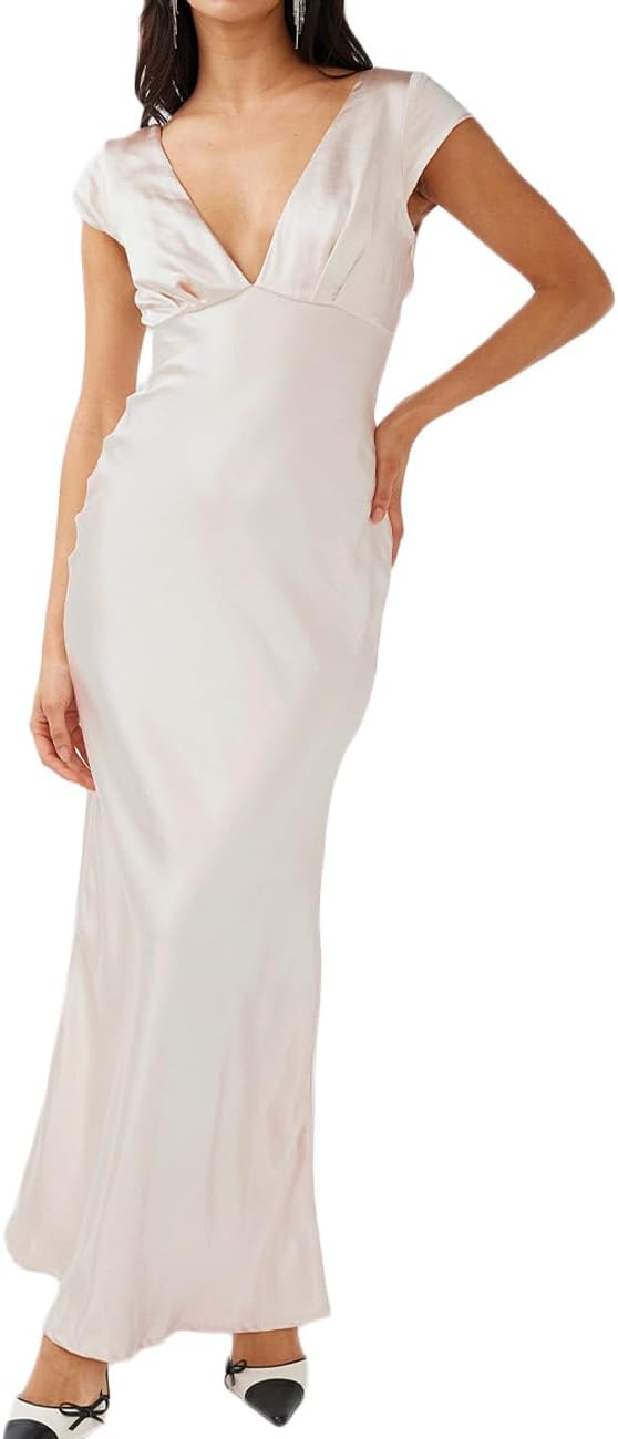 Halfisland Womens Summer Satin V Neck Cap Sleeve Maxi Dress