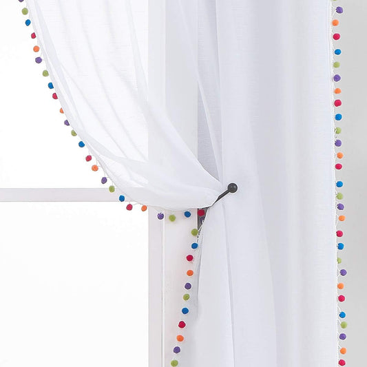Treatmentex White Linen Sheer Curtains with Colorful Pompoms