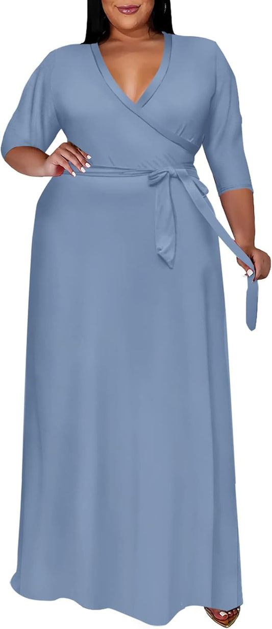 Runwind Plus Size Floral Maxi Dress for Women with Belt
