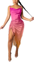 Women's Spaghetti Strap Satin Dress Backless Ruched Split Hem Out