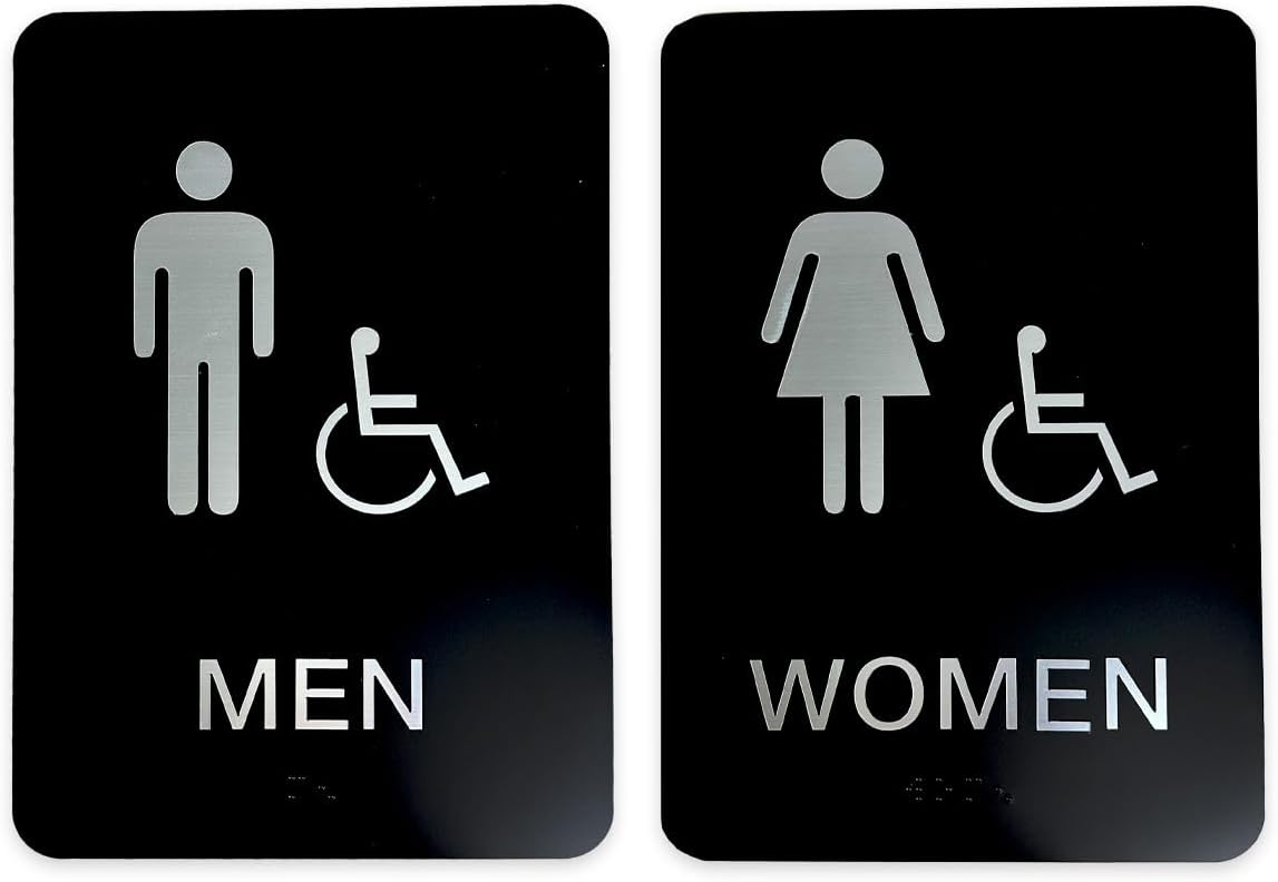 Men And Women ADA Restroom Black Signs With Braille And Symbols