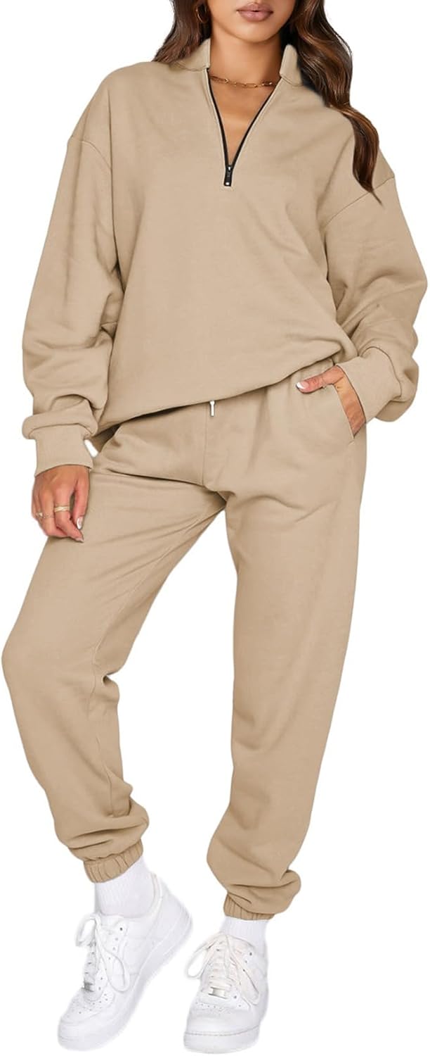 Stylish Oversized Half Zip Pullover Jogger Pants Set for Women