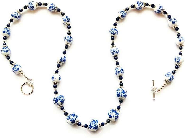 Blue and White Ceramic Porcelain Necklace with Royal Blue Beads