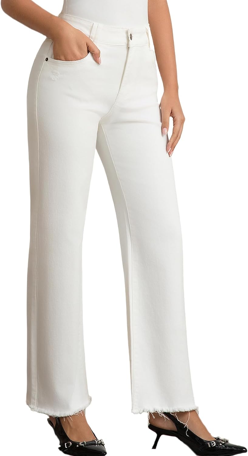 Wide Leg Jeans for Women with Mid High Waist and Raw Hem