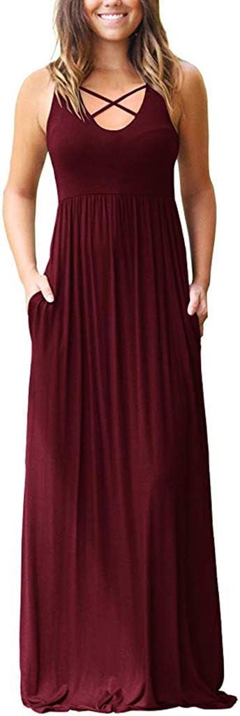 LILBETTER Women's Sleeveless Racerback Maxi Dress with Pockets