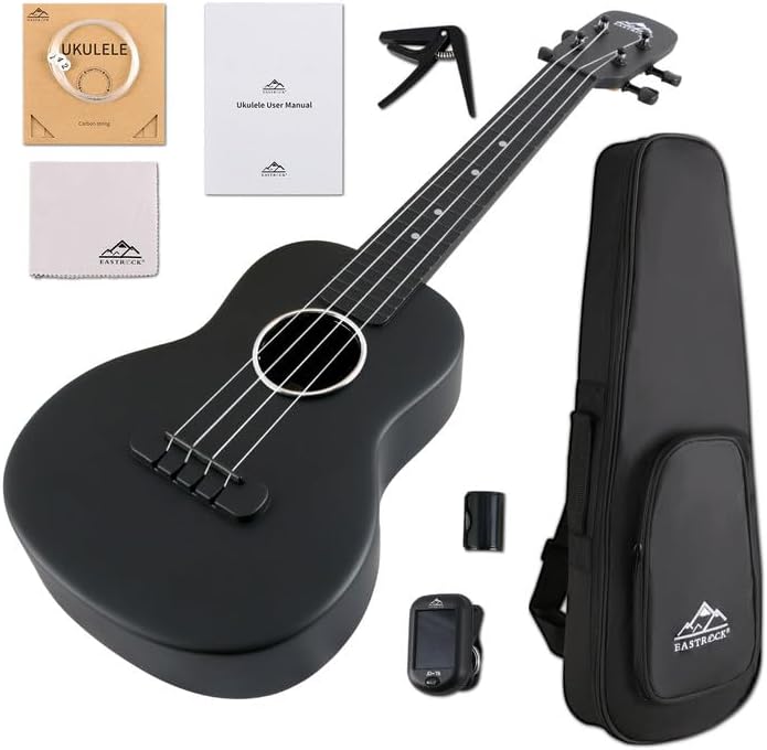 EASTROCK Concert Ukulele Kit - Carbon Fiber, Complete Set for All Ages, Black