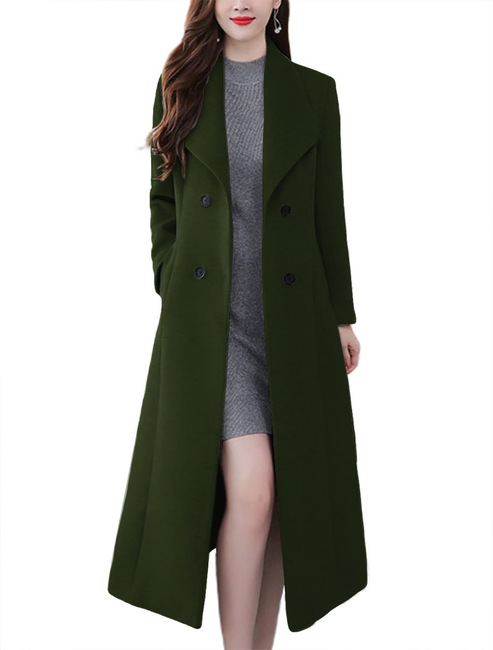Chic Shawl Collar Double Breasted Maxi Long Wool Pea Coat