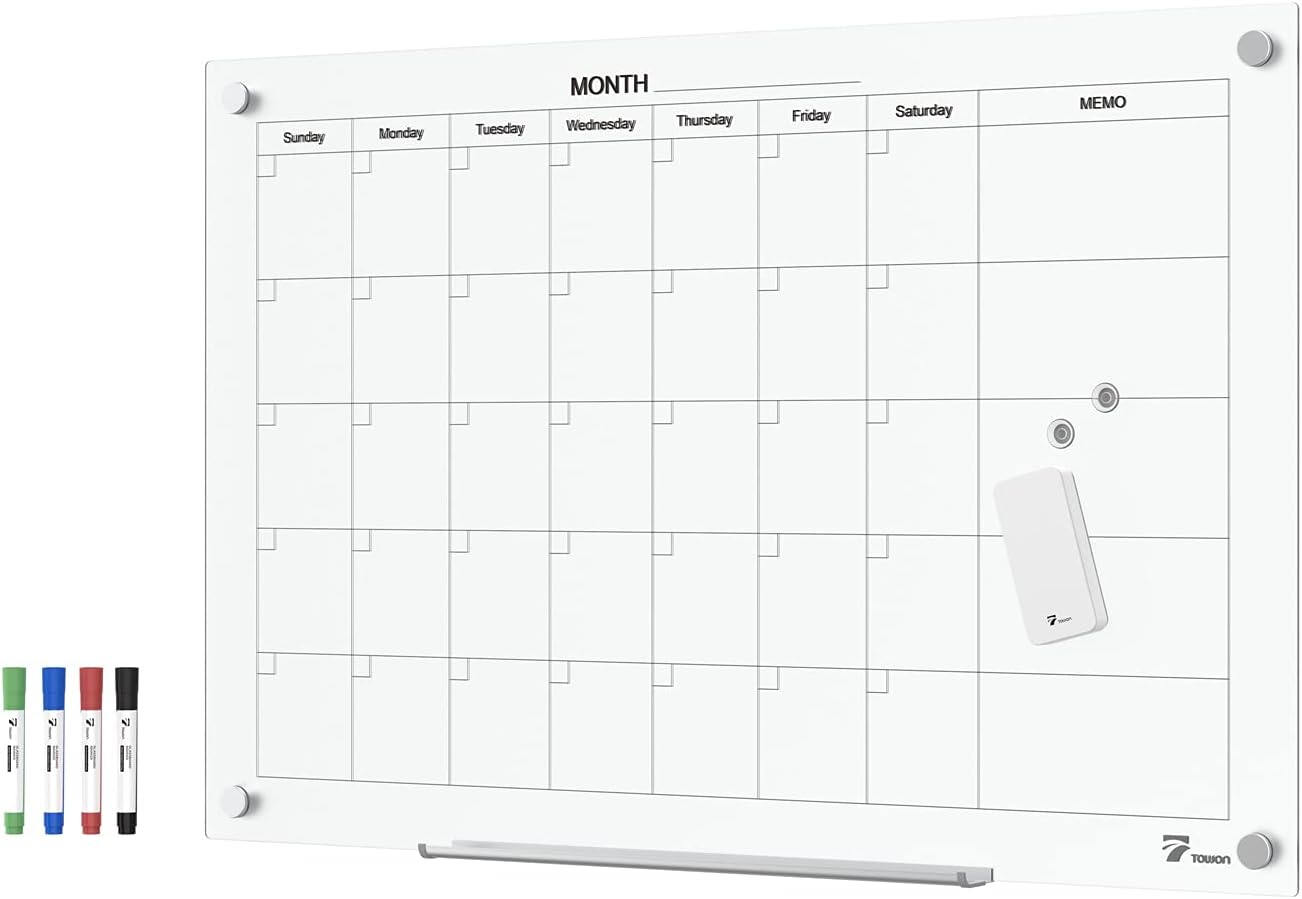 TOWON Tempered Glass Calendar Dry Erase Board for Wall Use