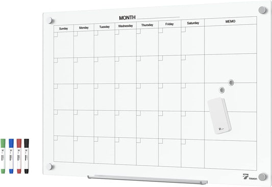 TOWON Tempered Glass Calendar Dry Erase Board for Wall Use