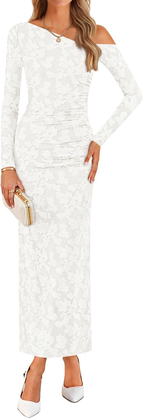 ZESICA Women's Fall Floral Off Shoulder Bodycon Maxi Dress