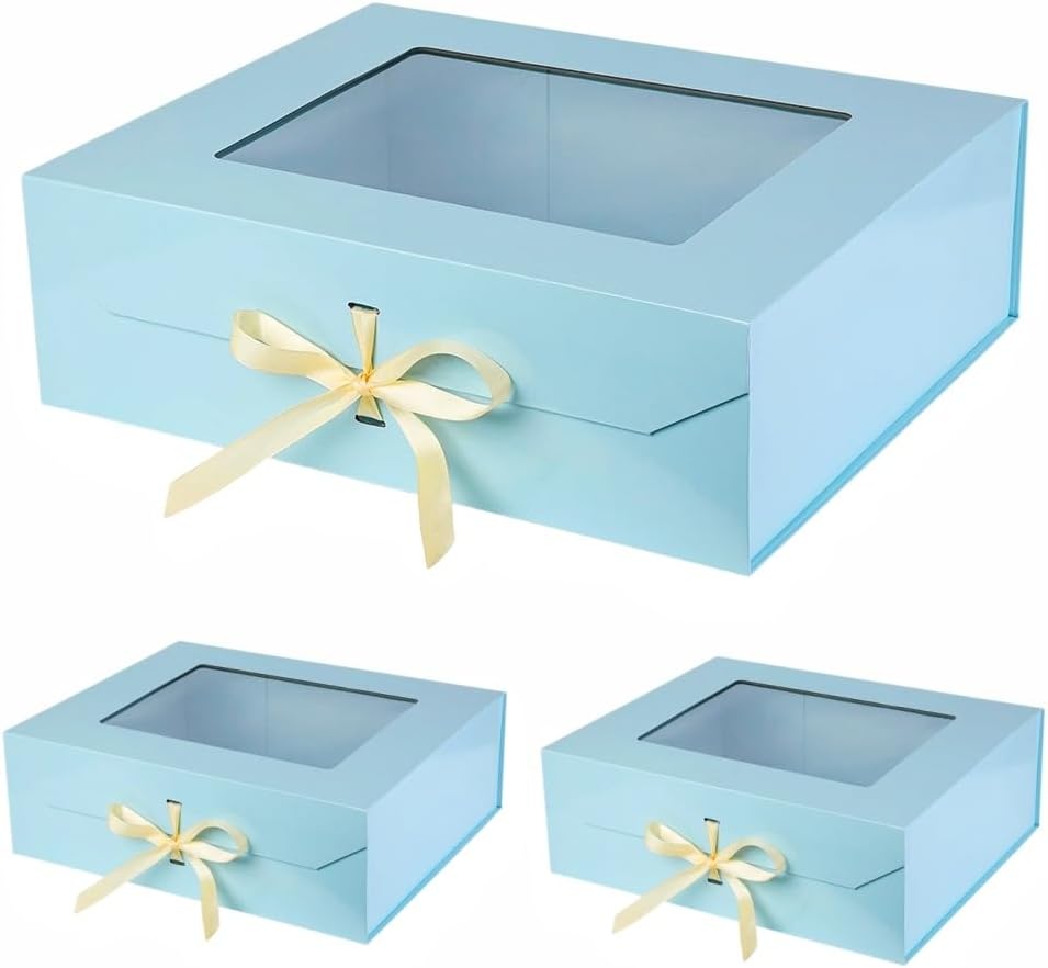 3 Pcs Extra Large Blue Gift Box with Window and Magnetic Closure