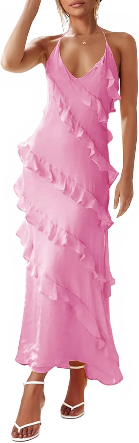 Womens Sexy Chiffon Halter Maxi Dress for Parties and Clubs