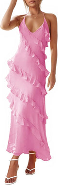 Wenrine Womens Chiffon Halter Maxi Dress - Flattering Backless