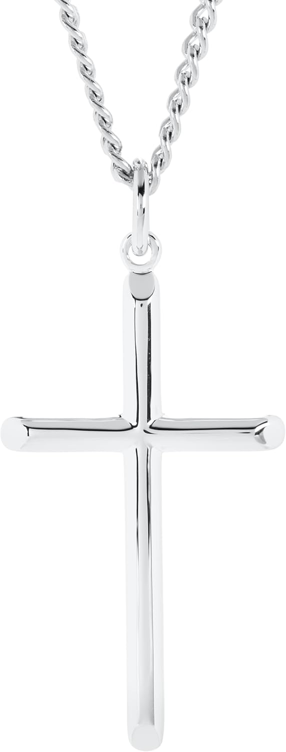 Mens Solid Tubular Cross Pendant Necklace in Sterling Silver