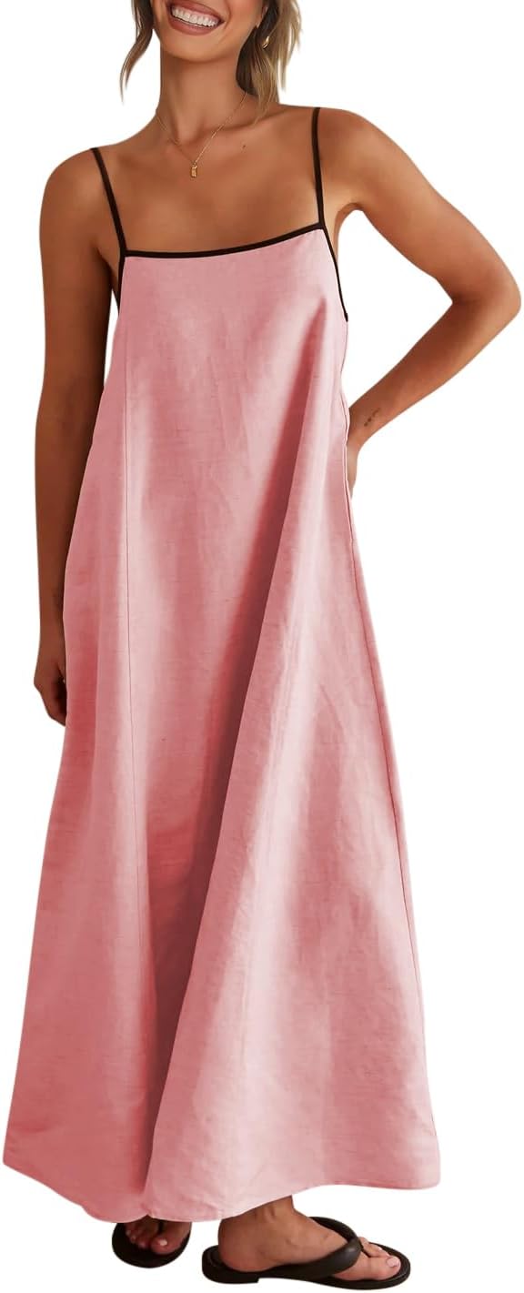 Linen Maxi Dress with Contrast Straps for Summer and Fall