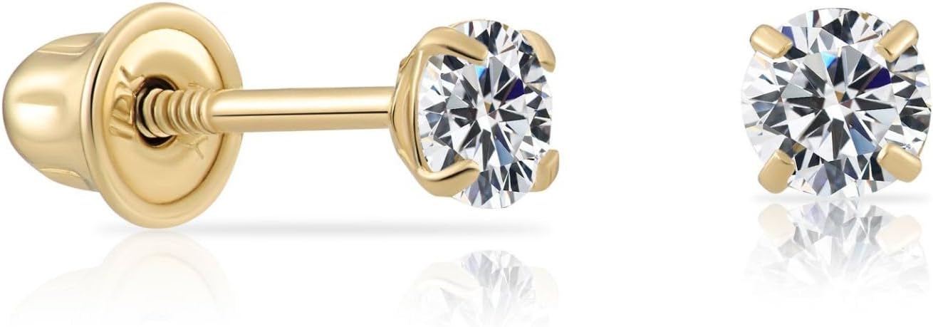 14k Yellow Gold Solitaire Round Cubic Zirconia Stud Earrings