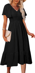 MEROKEETY Summer V Neck Ruffle Sleeve Smocked Midi Dress - Flattering