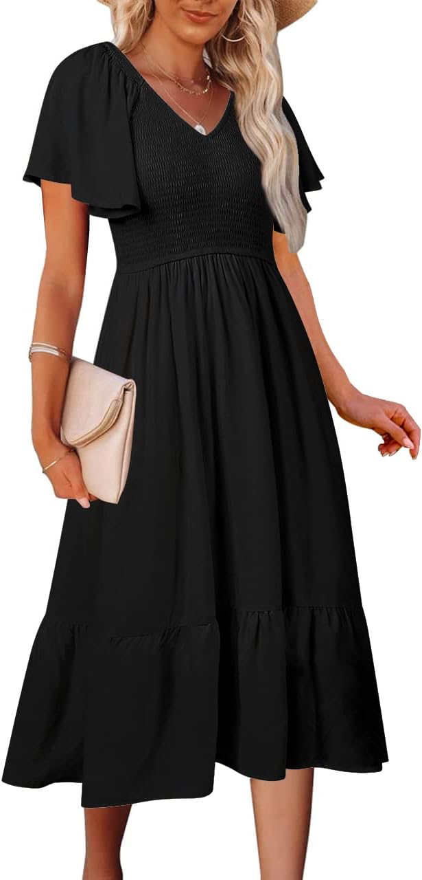 Stylish Summer Casual V Neck Ruffle Sleeve Midi Dress