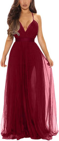 Women Deep V Neck Split Cocktail Maxi Dress - Stretchy Lined Fabric