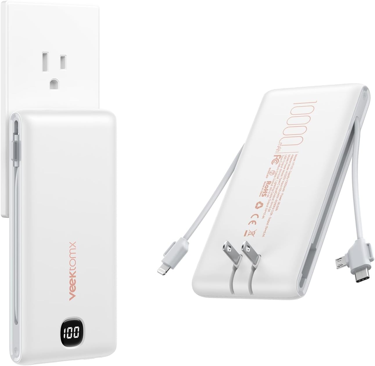 VEEKTOMX 10000mAh Portable Charger with Built-in Cables