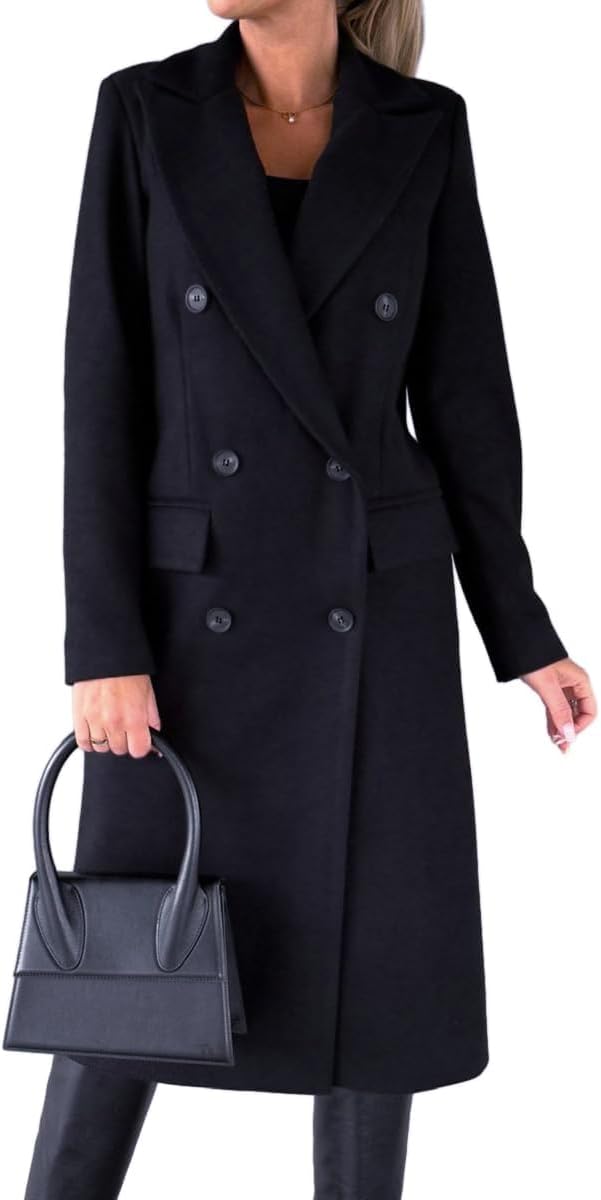 Womens Long Wool Coat Double Breasted Trench Coat for Winter