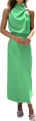 Sleeveless Mock Neck Satin Maxi Dress - Elegant Wedding Guest Dress