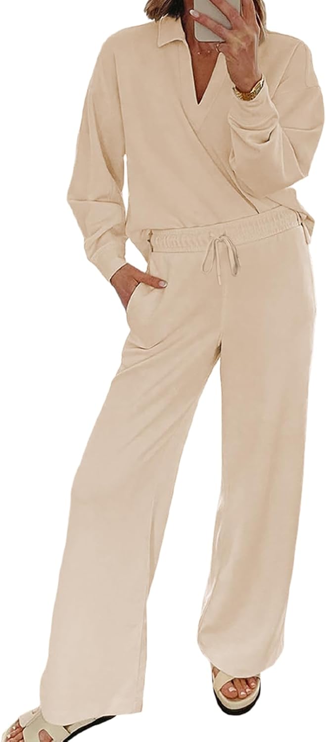 EVALESS Two Piece Sets for Women: Casual V Neck Sweatshirt
