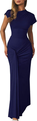 Mock Neck Ruched Bodycon Maxi Dress - Flattering Mock Neck Fit