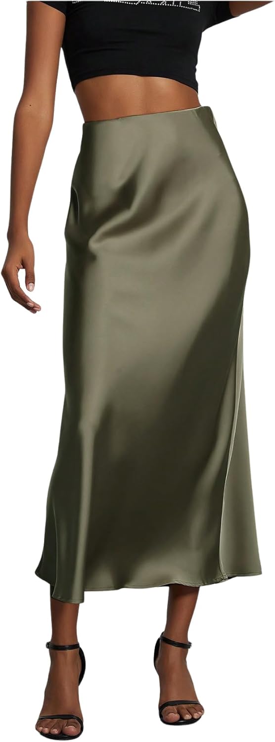 Elegant Satin Midi Skirt for Women - Flared Fishtail Style