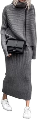 Turtleneck 2 Piece Sweater Skirt Set - Cozy Ribbed Knit Midi Outfit